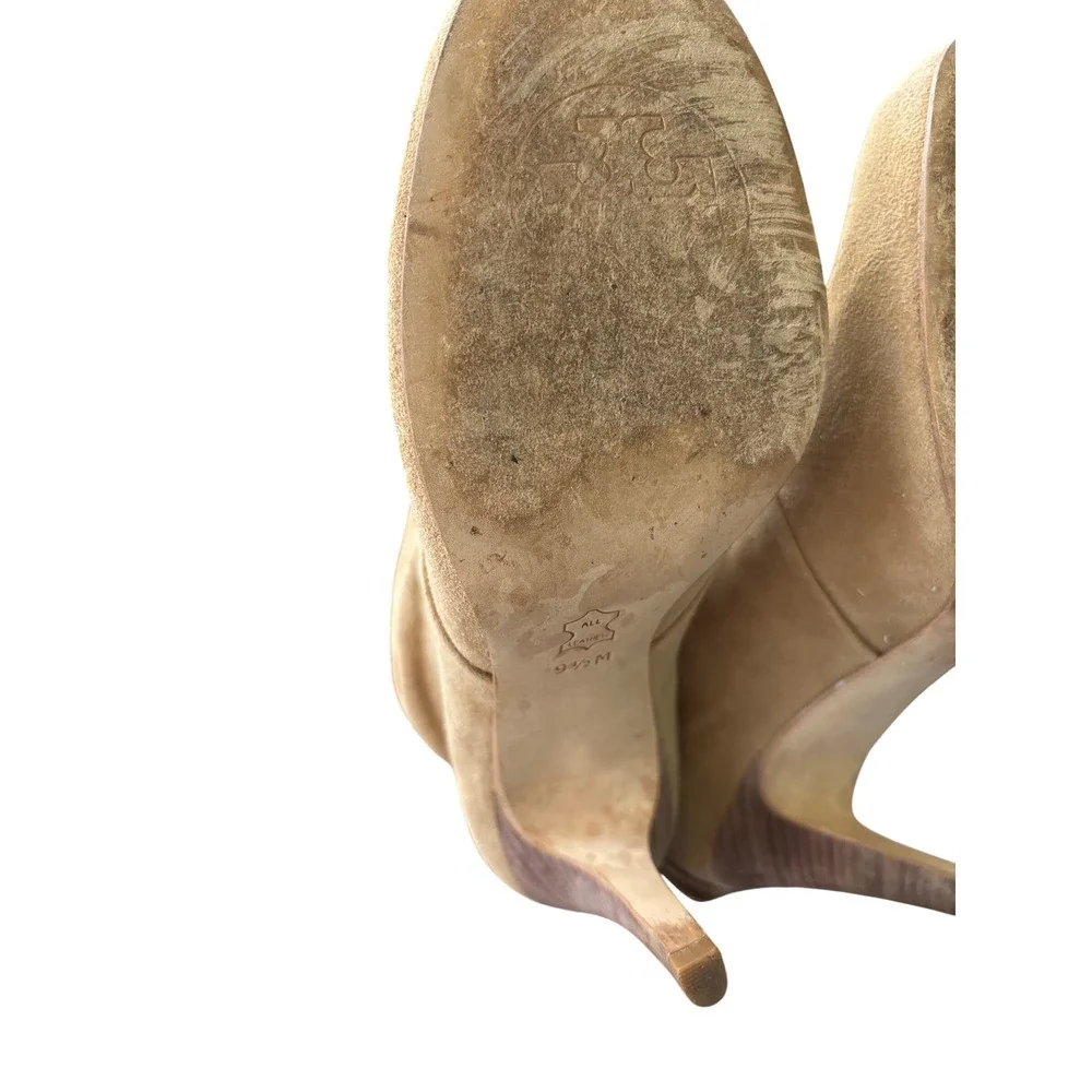 Tory Burch 8.5 Suede Ankle Boots Tan Slouchy Stiletto Gold Buckle Booties
